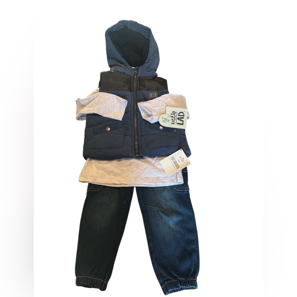 New Little Lad 3-Piece Outfit Set - 18 Months - Boys Hooded Vest, Henley & Jeans